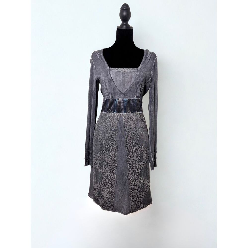 Elisa Cavaletti Grey Long Sleeve V Neck Lace Paneled Bust Midi Dress Size M